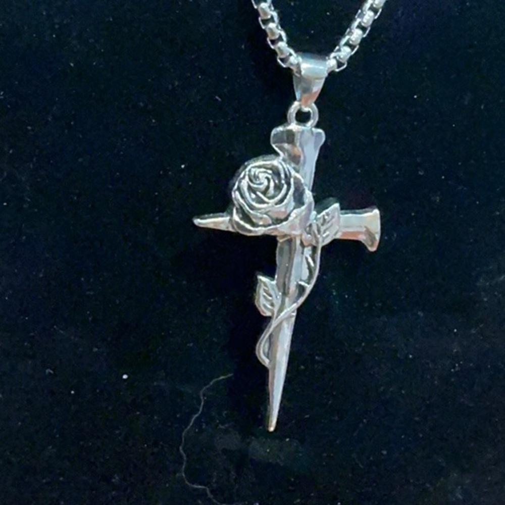 Silver Rose Cross Pendant Necklace